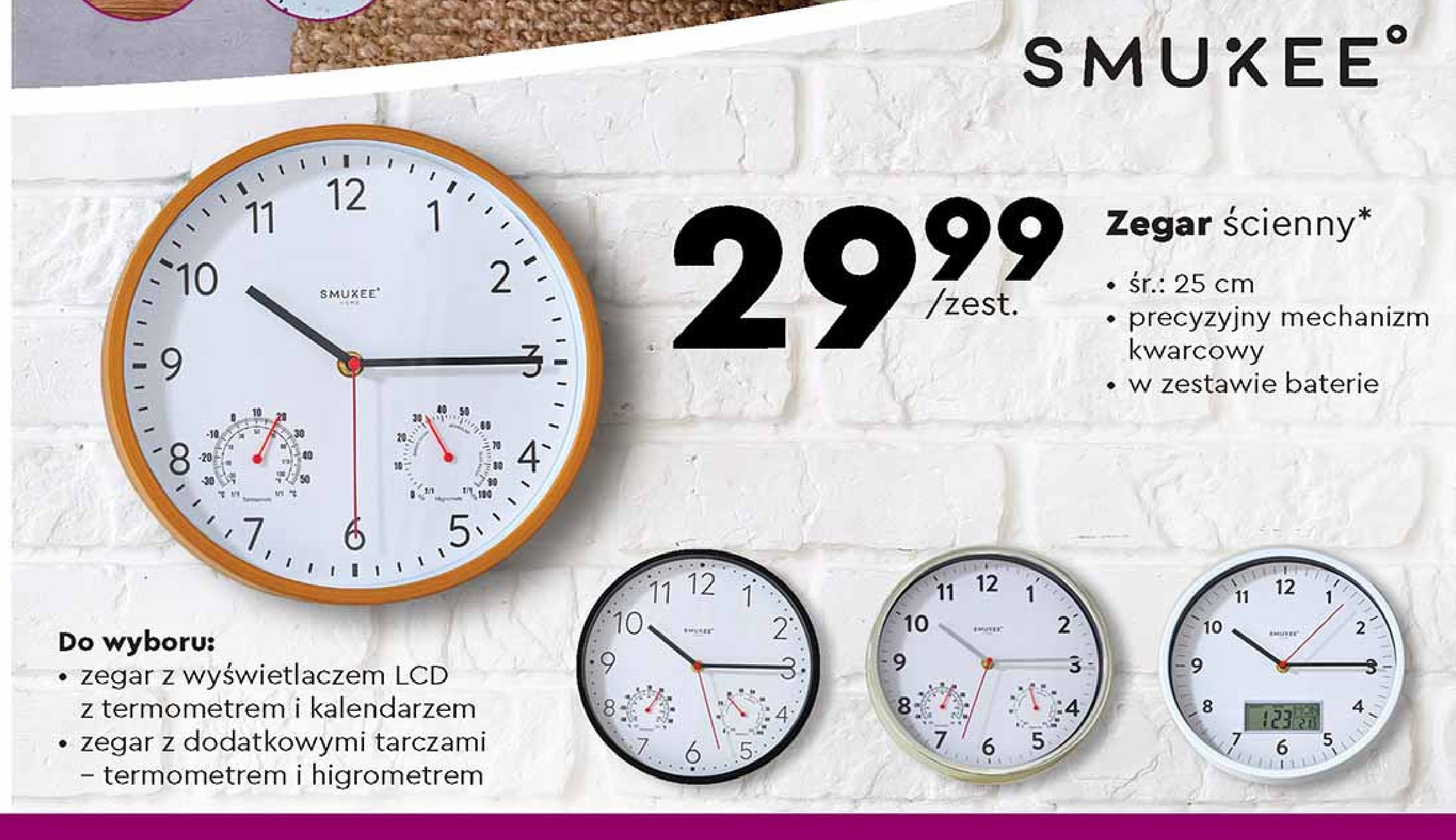 Zegar ścienny 25 cm z termometrem i kalendarzem Smukee promocja