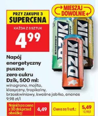 Napój energetyczny puszce zero cukru Dzik, 500 ml promocja w Biedronka