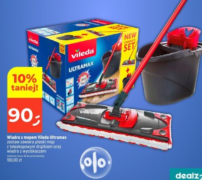Wiadro z mopem Vileda Ultramax zestaw zawiera płaski mop z teleskopowym drążkiem oraz wiadro z wyciskaczem promocja w Dealz