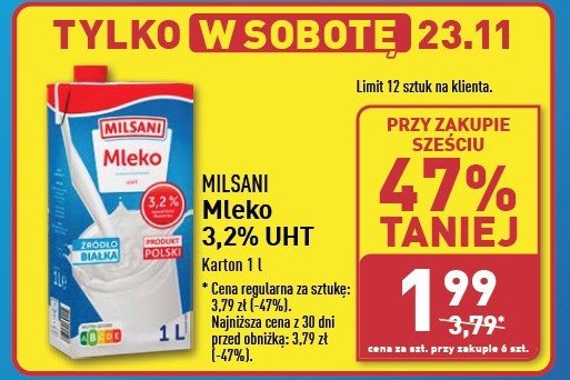 Mleko 3.2% Milsani promocja w Aldi