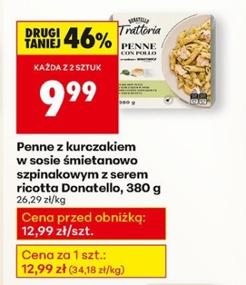 Penne z kurczakiem w sosie śmietanowo szpinakowym z serem ricotta Donatello, 380 g promocja w Biedronka