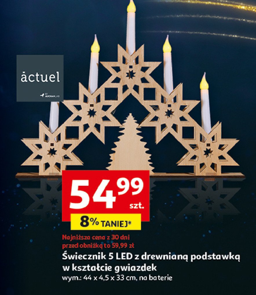 Świecznik 5 led z drewnianą podstawką w kształcie gwiazdek 44 x 4.5 x 33 cm Actuel promocja