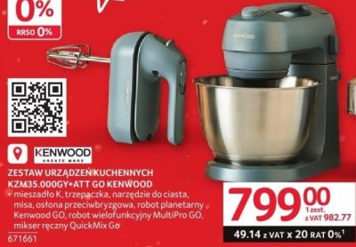 Zestaw urządzeń kuchennych Kenwood KZM35.000GY+ATT GO - mieszadło, trzepaczka, narzędzie do ciasta, misa, osłona przeciwbryzkowa, robot planetarny Kenwood GO, robot wielofunkcyjny MultiPro GO, mikser ręczny QuickMix Go promocja w Selgros