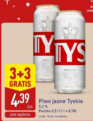 Piwo jasne Tyskie 5,2% 0,5 l 3+3 GRATIS promocja w Aldi