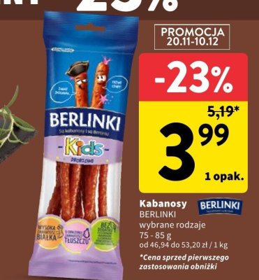 Kabanosy BERLINKI wybrane rodzaje 65 - 85 g promocja w Intermarche