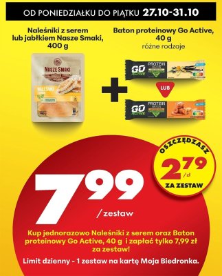 Zestaw: naleśniki z serem lub jabłkiem Nasze Smaki + baton proteinowy Go Active różne rodzaje promocja w Biedronka