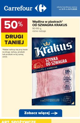 Wędlina Krakus w plastrach różne rodzaje drugi -50% taniej promocja w Carrefour