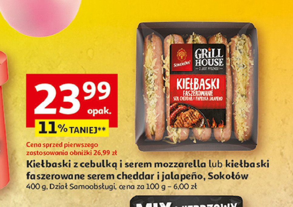 Kiełbaski z cebulką i serem mozzarella Sokołów grill house promocja w Auchan