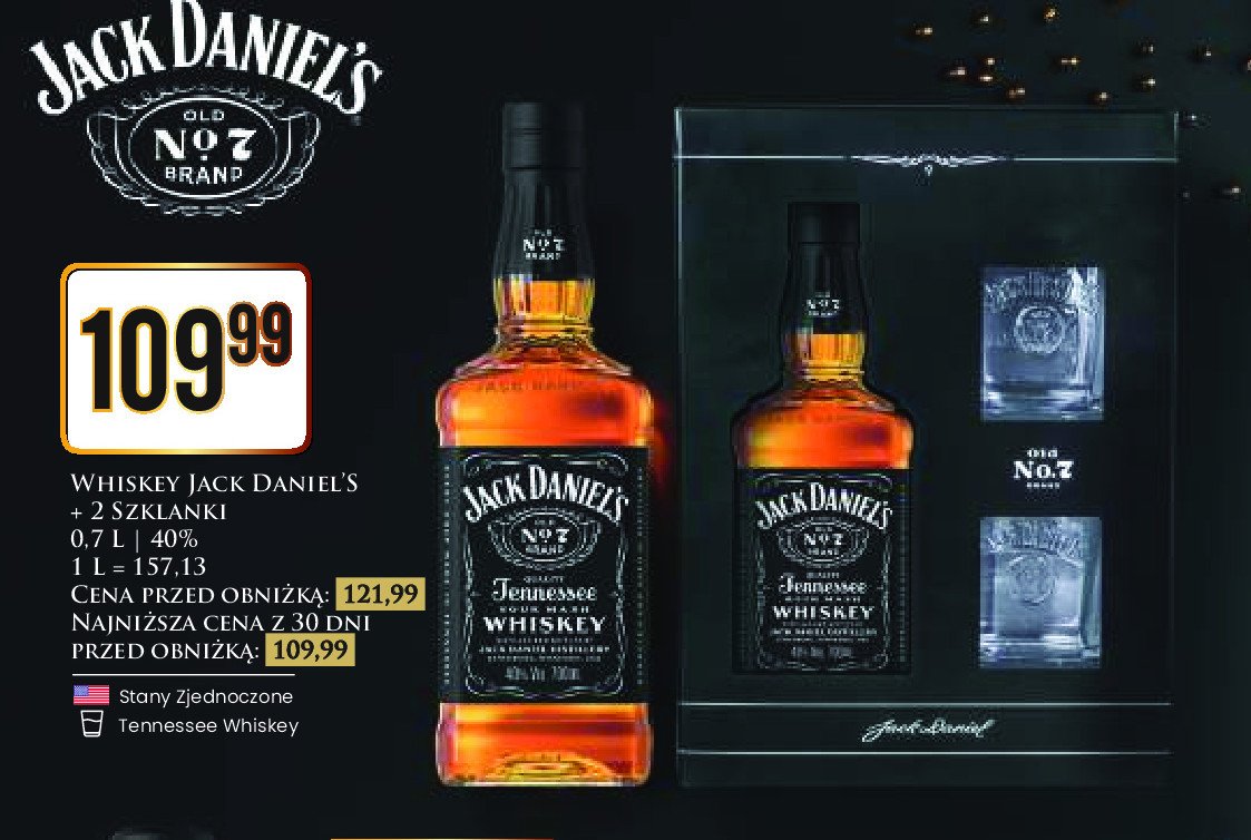 Whiskey + 2 szklanki Jack daniel's old no. 7 promocja w Dino