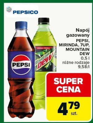 Napój gazowany Pepsi, Mirinda, 7Up, Mountain Dew 0,5 l różne rodzaje promocja w Carrefour Market