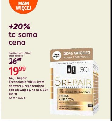 Nocny krem regeneruj膮co-odbudowuj膮cy 60+ z艂ota kuracja Aa technologia wieku 5repair promocja
