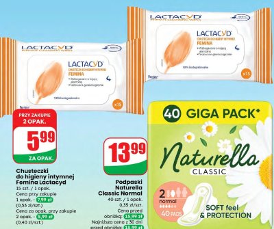 Chusteczki do higieny intymnej Femina Lactacyd promocja w Dino