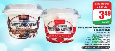 Lody kubek śmietankowe z sosem B&G czekoladowy promocja w Dino