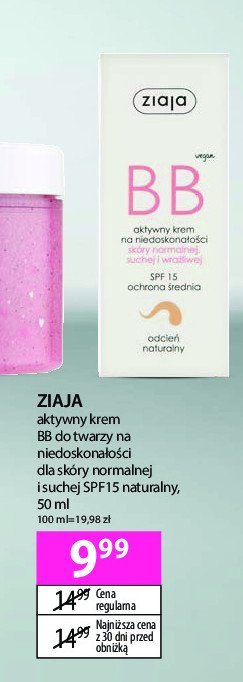 Aktywny krem na niedoskonałości skóry normalnej, suchej i wrażliwej spf 15 odcień naturalny Ziaja bb promocja