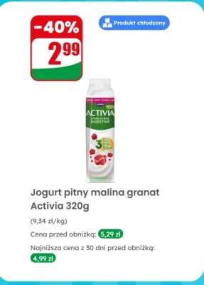 Jogurt pitny malina granat Activia  promocja w Dino