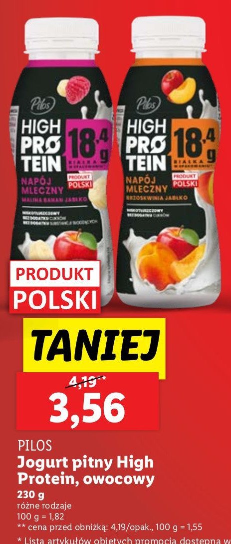 Napój mleczny brzoskwinia-mango PILOS HIGH PROTEIN promocja w Lidl