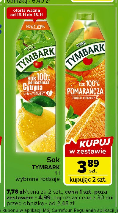 Sok 100% pomarańcza cytryna Tymbark 1936 promocja