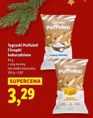 Chrupki Tygryski Puffuleti kukurydziane z solą morską lub słodką kukurydzą promocja w Lidl