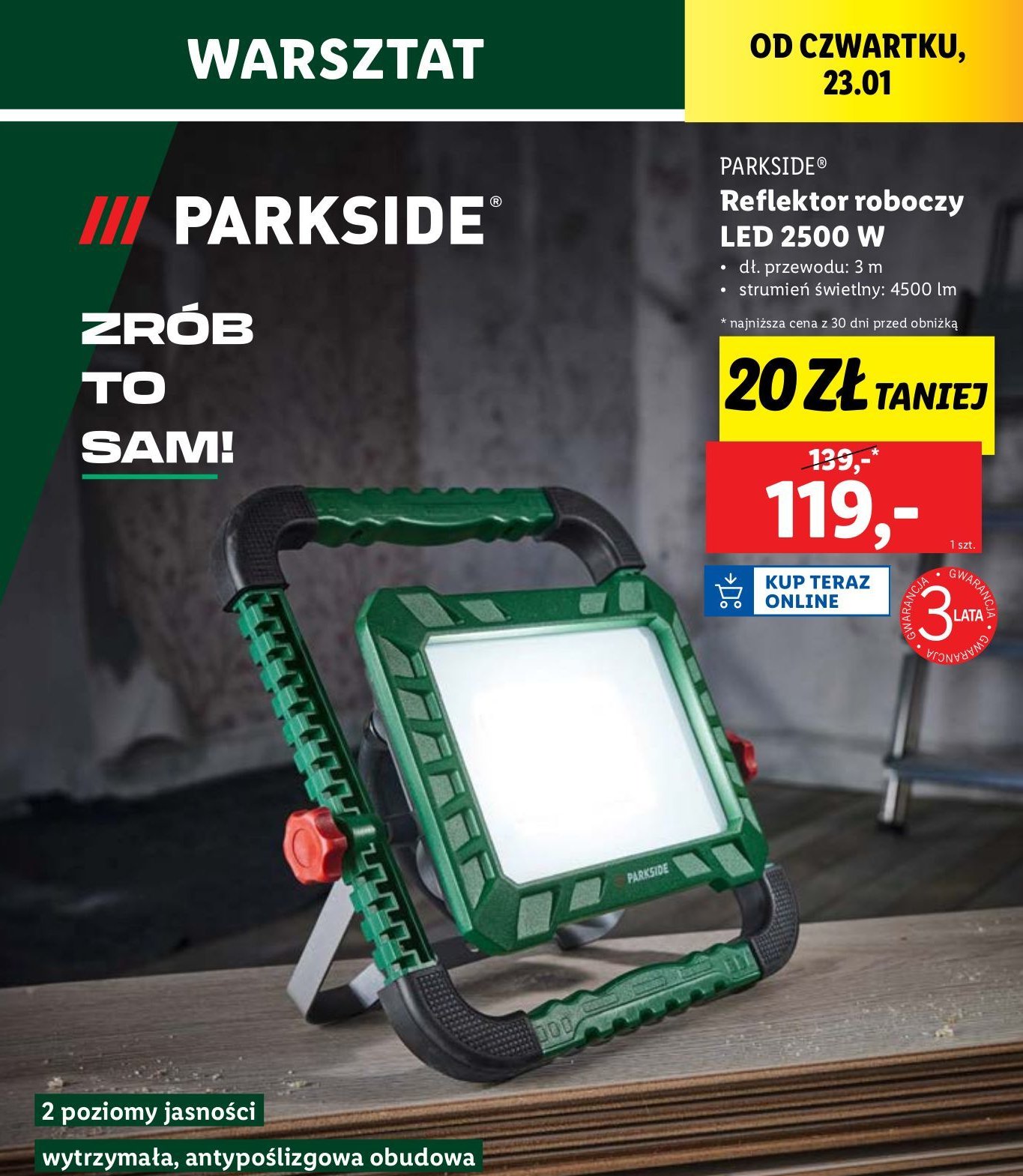 Reflektor roboczy led Parkside promocja w Lidl