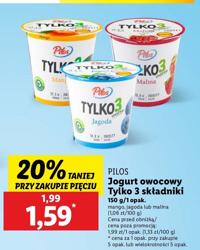 Jogurt jagoda Pilos tylko 3 składniki promocja