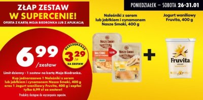 Zestaw: Naleśniki z serem lub jabłkiem i cynamonem Nasze Smaki, 400 g + jogurt waniliowy Fruvita, 400 g Biedronka promocja w Biedronka