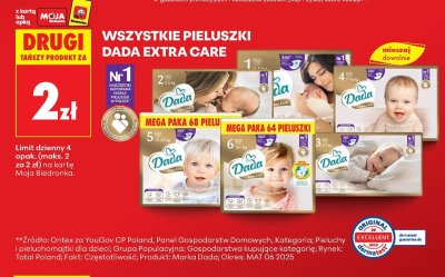 Wszystkie pieluszki Dada Extra Care DRUGIE ZA 2 ZŁ promocja w Biedronka