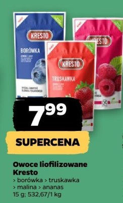 Owoce liofilizowane Kresto borówka, truskawka, malina, ananas promocja w Netto