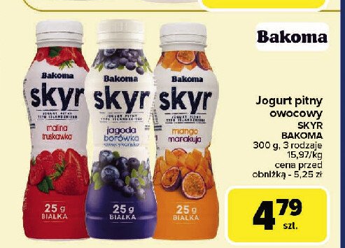 Jogurt pitny jagoda-borówka amerykańska Bakoma skyr promocja w Carrefour