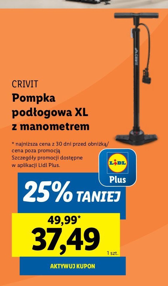 Pompka podłogowa z manometrem xl Crivit promocja w Lidl