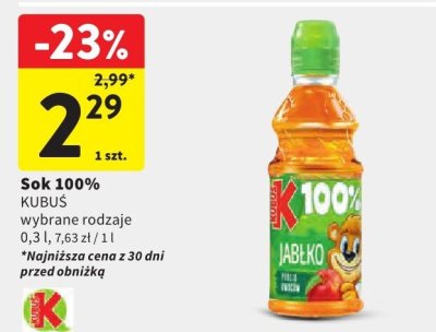 Sok 100% KUBUŚ jabłko promocja w Intermarche