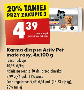 Karma dla psa kawałki w sosie małe rasy 2x z kurczakiem i warzywami + 2x z wołowiną Activ pet promocja