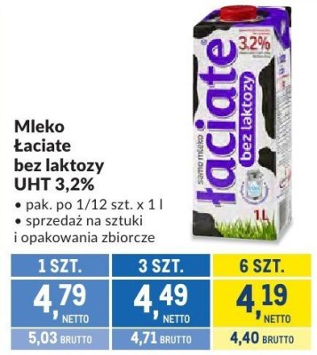 Mleko Łaciate bez laktozy UHT 3,2% promocja w Makro