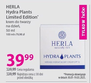 Krem do twarzy na dzień spf 15 Herla hydra plants promocja