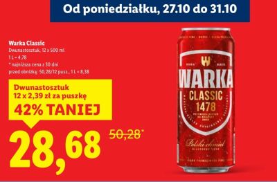 Piwo Warka Classic 12 x 500 ml promocja w Lidl