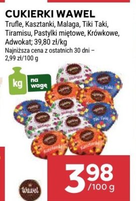 Cukierki Wawel Trufle, Kasztanki, Malaga, Tiki Taki, Tiramisu, Pastylki miętowe, Krówkowe, Adwokat, różne rodzaje promocja w Stokrotka