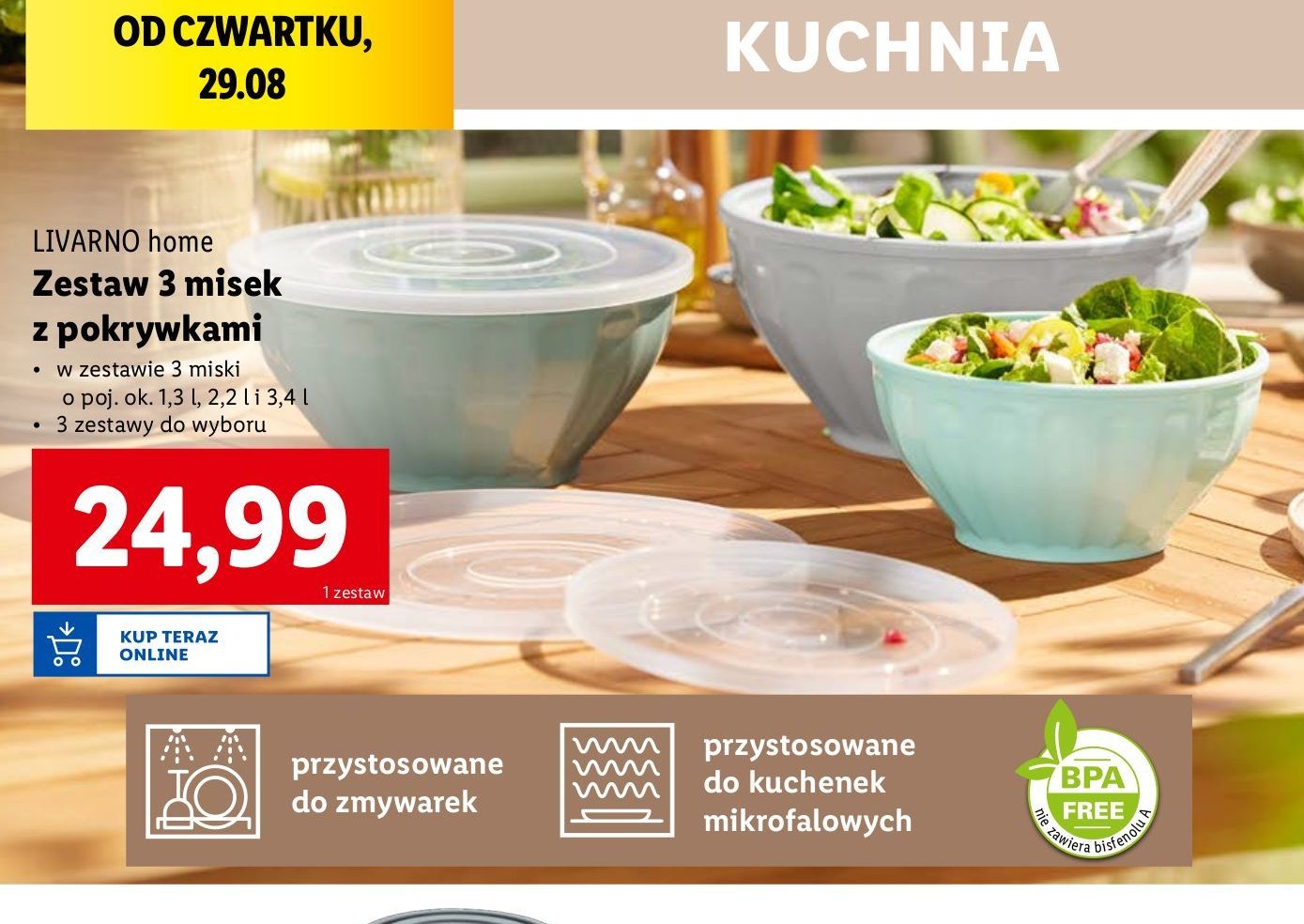 Zestaw misek z pokrywką 1.3 l + 2.2 l + 3 l LIVARNO HOME promocja