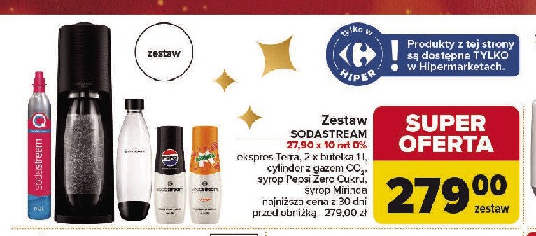 Zestaw: urządzenie terra black + 2 x butelki 1 l + cylinder + syrop pepsi max + syrop mirinda Sodastream promocja w Carrefour