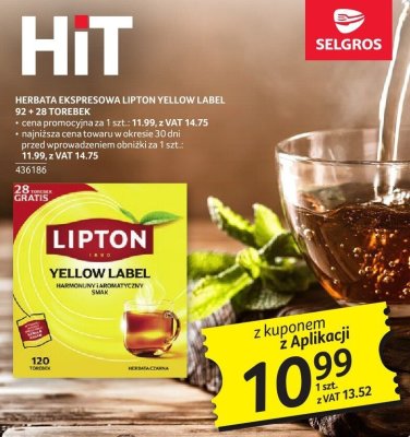 Herbata ekspresowa Lipton Yellow Label 92 + 28 torebek promocja w Selgros