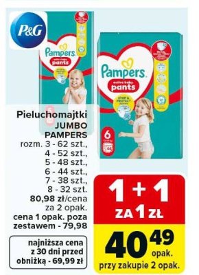 Pieluchomajki JUMBO PAMPERS rozm. 3 - 62 szt. promocja w Carrefour Market