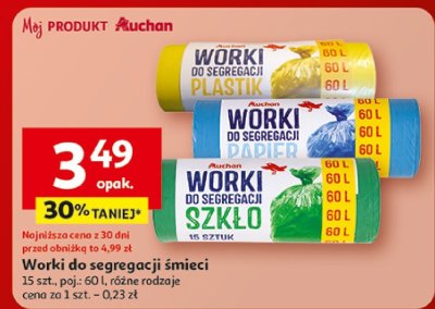 Worki do segregacji śmieci Auchan 15 szt. poj. 60 l promocja w Auchan