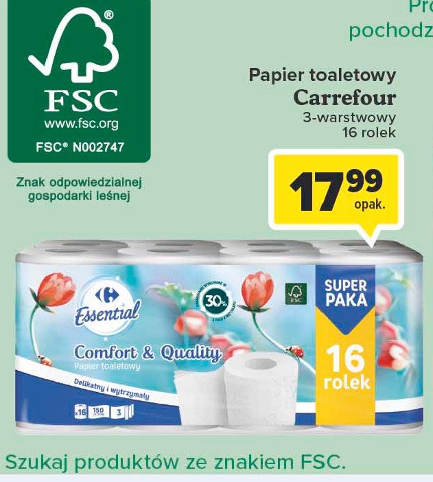 Papier toaletowy comfort & quality Carrefour essential promocje