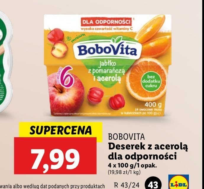 Deserek jabłko z pomarańczą i acerolą Bobovita promocja w Lidl