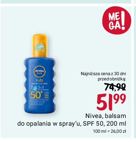 Nawilżający spray ochronny na słońce spf 50+ Nivea sun kids promocja