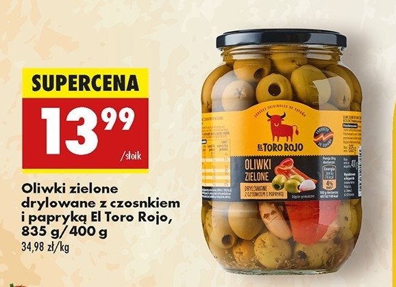 Oliwki zielone z czosnkiem i papryką El toro rojo promocja w Biedronka