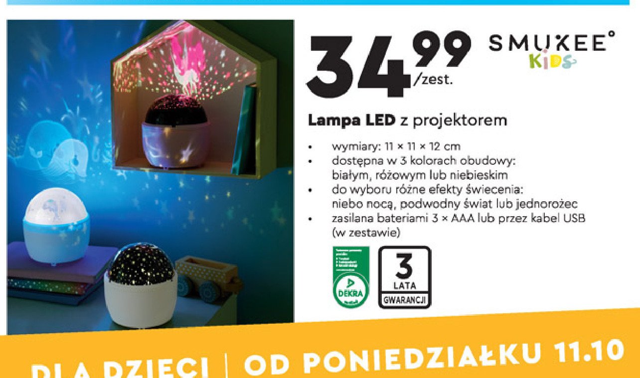Lampa led z projektorem 11 x 11 x 12 cm różowa Smukee kids promocja