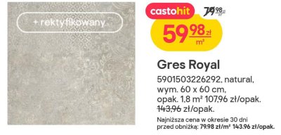 Gres Royal natural, wym. 60 x 60 cm, opak. 1,8 m² promocja w Castorama