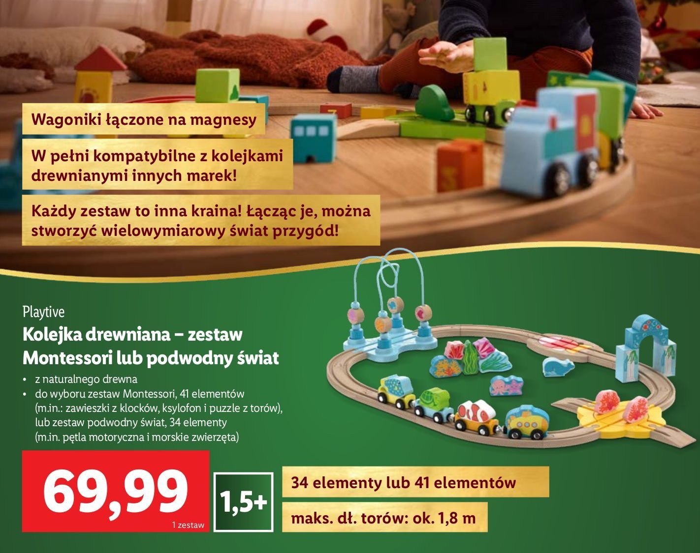 Kolejka drewniana montessori Playtive promocja w Lidl