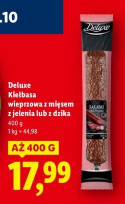 Kiełbasa Deluxe wieprzowa z mięsem z jelenia lub z dzika promocja w Lidl