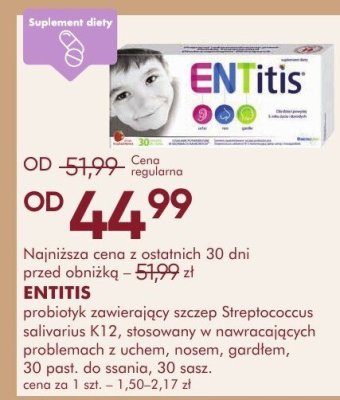 Probiotyk zawierający szczep Streptococcus salivarius K12 ENTITIS promocja w Super-Pharm