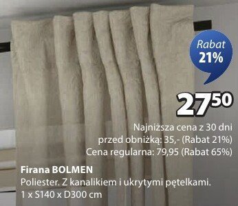 Zasłona BOLMEN z kanalikeim i ukrytymi pętelkami 1 x S140 x D300 cm promocja w Jysk
